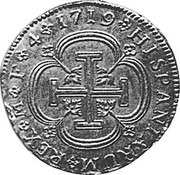 Spain 4 Escudos 1719 F KM# 314.1 Milled Real Coinage HISPANIARUM REX M F 4 1719 coin reverse Spain 4 Escudos 1719 F KM# 314.1 Milled Real Coinage HISPANIARUM REX M F 4 1719 coin reverse