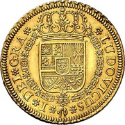 Spain 4 Escudos Luis I 1724 Aqueduct F KM# 331 LUDOVICUS I DEI GRA coin obverse Spain 4 Escudos Luis I 1724 Aqueduct F KM# 331 LUDOVICUS I DEI GRA coin obverse