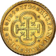 Spain 4 Escudos Luis I 1724 Aqueduct F KM# 331 1724 HISPANIARUM REX F 4 coin reverse Spain 4 Escudos Luis I 1724 Aqueduct F KM# 331 1724 HISPANIARUM REX F 4 coin reverse