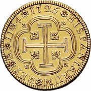 Spain 4 Escudos Felipe V Cuenca 1725 CA JJ KM# 334 HISPANIARUM REX CA JJ 4 1725 coin reverse Spain 4 Escudos Felipe V Cuenca 1725 CA JJ KM# 334 HISPANIARUM REX CA JJ 4 1725 coin reverse