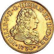 Spain 4 Escudos Felipe V Seville 1730 S KM# 345 PHILIP V D G HISPAN ET IND REX 1730 coin obverse Spain 4 Escudos Felipe V Seville 1730 S KM# 345 PHILIP V D G HISPAN ET IND REX 1730 coin obverse