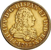 Spain 4 Escudos Felipe V Madrid 1732 JF KM# 360 PHILIP V D G HISPAN ET IND REX 1732 coin obverse Spain 4 Escudos Felipe V Madrid 1732 JF KM# 360 PHILIP V D G HISPAN ET IND REX 1732 coin obverse