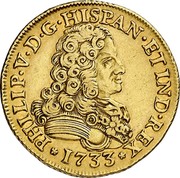Spain 4 Escudos Felipe V Seville 1733 S PA KM# 359 PHILIP V D G HISPAN ET IND REX 1733 coin obverse Spain 4 Escudos Felipe V Seville 1733 S PA KM# 359 PHILIP V D G HISPAN ET IND REX 1733 coin obverse