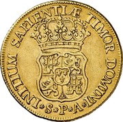 Spain 4 Escudos Felipe V Seville 1733 S PA KM# 359 INITIUM SAPIENTIAE TIMOR DOMIN S P A coin reverse Spain 4 Escudos Felipe V Seville 1733 S PA KM# 359 INITIUM SAPIENTIAE TIMOR DOMIN S P A coin reverse