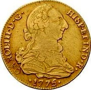 Spain 4 Escudos Sevilla 1775 S CF KM# 418.2 CAROL III D G HISP ET IND R 1775 coin obverse Spain 4 Escudos Sevilla 1775 S CF KM# 418.2 CAROL III D G HISP ET IND R 1775 coin obverse