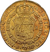 Spain 4 S Carlos IV 1792 MF KM# 436.1 IN UTROQ FELIX AUSPICE DEO M MF 4 S coin reverse Spain 4 S Carlos IV 1792 MF KM# 436.1 IN UTROQ FELIX AUSPICE DEO M MF 4 S coin reverse