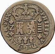 Spain 4 Maravedis Felipe V Zaragoza 1719 KM# 305 PHILIP V D G HISPAN REX Z IIII coin obverse Spain 4 Maravedis Felipe V Zaragoza 1719 KM# 305 PHILIP V D G HISPAN REX Z IIII coin obverse