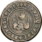 Spain 4 Maravedis Felipe V Valencia 1719 KM# 304 VTRVMQ VIRT PROTEGO 1719 coin reverse Spain 4 Maravedis Felipe V Valencia 1719 KM# 304 VTRVMQ VIRT PROTEGO 1719 coin reverse