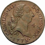 Spain 4 Maravedis Segovia Acueduct 1772 KM# 407.2 CAROLUS III D G HISP REX 4 1772 coin obverse Spain 4 Maravedis Segovia Acueduct 1772 KM# 407.2 CAROLUS III D G HISP REX 4 1772 coin obverse