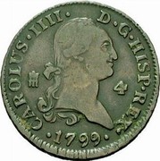 Spain 4 Maravedis Carlos IV 1799 KM# 427 CAROLUS IIII D G HISP REX 4 1799 coin obverse Spain 4 Maravedis Carlos IV 1799 KM# 427 CAROLUS IIII D G HISP REX 4 1799 coin obverse