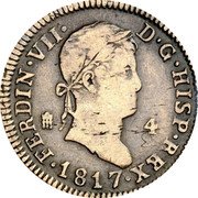 Spain 4 Maravedis 1817 KM# 490.2 Milled Real Coinage FERDIN VII D G HISP REX 1817 4 coin obverse Spain 4 Maravedis 1817 KM# 490.2 Milled Real Coinage FERDIN VII D G HISP REX 1817 4 coin obverse