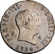 Spain 4 Maravedis Fernando VII Jubia 1824 KM# 505 FERDIN VII D G HISP REX J 4 1824 coin obverse Spain 4 Maravedis Fernando VII Jubia 1824 KM# 505 FERDIN VII D G HISP REX J 4 1824 coin obverse