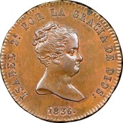 Spain 4 M Isabel II 1836 DG KM# 511.2 ISABEL 2A POR LA GRACIA DE DIOS 1836 coin obverse Spain 4 M Isabel II 1836 DG KM# 511.2 ISABEL 2A POR LA GRACIA DE DIOS 1836 coin obverse