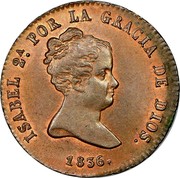 Spain 4 Maravedis Segovia Acueduct 1836 KM# 511.3 ISABEL 2 POR LA GRACIA DE DIOS 1836 coin obverse Spain 4 Maravedis Segovia Acueduct 1836 KM# 511.3 ISABEL 2 POR LA GRACIA DE DIOS 1836 coin obverse