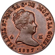 Spain 4 Maravedis Isabel II 1837 KM# 530.2 ISABEL 2 POR LA G DE DIOS Y LA CONST 1837 4 M coin obverse Spain 4 Maravedis Isabel II 1837 KM# 530.2 ISABEL 2 POR LA G DE DIOS Y LA CONST 1837 4 M coin obverse