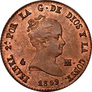 Spain 4 Maravedis Isabel II 1849 KM# 530.3 ISABEL 2A POR LA G DE DIOS Y LA CONST 1849 4 M coin obverse Spain 4 Maravedis Isabel II 1849 KM# 530.3 ISABEL 2A POR LA G DE DIOS Y LA CONST 1849 4 M coin obverse