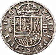 Spain 4 Reales Philip IV 1628 Aqueduct P KM# 98 PHILIPPVS IIII D G P IIII coin obverse Spain 4 Reales Philip IV 1628 Aqueduct P KM# 98 PHILIPPVS IIII D G P IIII coin obverse