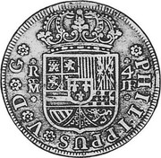 Spain 4 Reales Felipe V 1734 JF KM# 337.1 PHILLIPUS V D G R 4 M JF coin obverse Spain 4 Reales Felipe V 1734 JF KM# 337.1 PHILLIPUS V D G R 4 M JF coin obverse