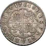 Spain 4 Reales 1761 JP KM# 396.1 Milled Real Coinage HISPANIARUM REX 1761 coin reverse