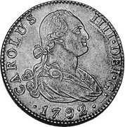 Spain 4 Reales Carlos IV 1792 MF KM# 431.1 CAROLUS IIII DEI G 1792 coin obverse Spain 4 Reales Carlos IV 1792 MF KM# 431.1 CAROLUS IIII DEI G 1792 coin obverse