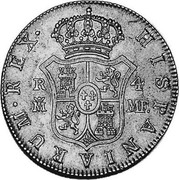 Spain 4 Reales Carlos IV 1792 MF KM# 431.1 HISPANIARUM REX R 4 M MF coin reverse Spain 4 Reales Carlos IV 1792 MF KM# 431.1 HISPANIARUM REX R 4 M MF coin reverse