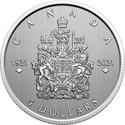 Canada 5 Dollars 100th Anniversary of the Arms of Canada 2021 CANADA 5 DOLLARS 1921 2021 coin reverse