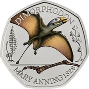 UK 50 Pence Dimorphodon. Coloured 2021 DIMORPHODON MARY ANNING 1828 coin reverse UK 50 Pence Dimorphodon. Coloured 2021 DIMORPHODON MARY ANNING 1828 coin reverse