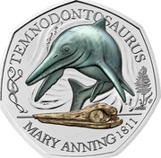 UK 50 Pence Temnodontosaurus. Coloured 2021 TEMNODONTOSAURUS MARY ANNING 1811 coin reverse UK 50 Pence Temnodontosaurus. Coloured 2021 TEMNODONTOSAURUS MARY ANNING 1811 coin reverse