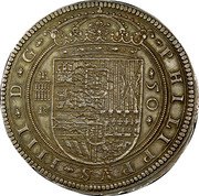 Spain 50 Reales Philip IV 1635 Aqueduct R KM# 81.5 PHILIPPVS IIII D G R 50 coin obverse Spain 50 Reales Philip IV 1635 Aqueduct R KM# 81.5 PHILIPPVS IIII D G R 50 coin obverse