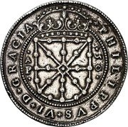Spain 50 Reales Navarre 1652 This is a cast coin and forgeries are known to exist KM# 39 PHILIPPVS VI D GRACIA coin obverse Spain 50 Reales Navarre 1652 This is a cast coin and forgeries are known to exist KM# 39 PHILIPPVS VI D GRACIA coin obverse