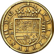 Spain 8 Escudos Philip III 1614 Aqueduct AR Ligate KM# 49 PHILIPPVS III D G VIII coin obverse Spain 8 Escudos Philip III 1614 Aqueduct AR Ligate KM# 49 PHILIPPVS III D G VIII coin obverse