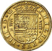 Spain 8 Escudos Philip IV 1637 Aqueduct R KM# 95 PHILIPPVS IIII D G VIII R coin obverse Spain 8 Escudos Philip IV 1637 Aqueduct R KM# 95 PHILIPPVS IIII D G VIII R coin obverse