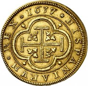 Spain 8 Escudos Philip IV 1637 Aqueduct R KM# 95 HISPANIARVM REX 1637 coin reverse Spain 8 Escudos Philip IV 1637 Aqueduct R KM# 95 HISPANIARVM REX 1637 coin reverse