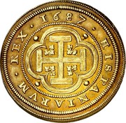 Spain 8 Escudos Charles II 1687 Aqueduct BR KM# 197 HISPANIARUM REX 1687 coin reverse Spain 8 Escudos Charles II 1687 Aqueduct BR KM# 197 HISPANIARUM REX 1687 coin reverse