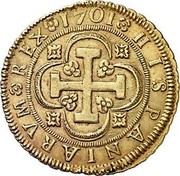 Spain 8 Escudos Felipe V Seville 1701 No S KM# 259 HISPANIARVM REX 1701 coin reverse Spain 8 Escudos Felipe V Seville 1701 No S KM# 259 HISPANIARVM REX 1701 coin reverse