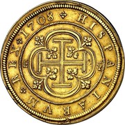 Spain 8 Escudos Felipe VI Segovia 1708 Aqueduct Y KM# 277 HISPANIARVM REX 1708 Y coin reverse Spain 8 Escudos Felipe VI Segovia 1708 Aqueduct Y KM# 277 HISPANIARVM REX 1708 Y coin reverse