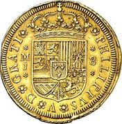 Spain 8 Escudos Felipe V Madrid 1710 M J KM# 284 PHILIPPVS V D GRATI M J 8 coin obverse