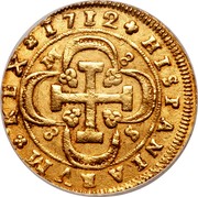 Spain 8 Escudos Felipe V Seville 1712 S M KM# 260 1712 HISPANIARVM.REX. 8 S 8 M coin reverse Spain 8 Escudos Felipe V Seville 1712 S M KM# 260 1712 HISPANIARVM.REX. 8 S 8 M coin reverse