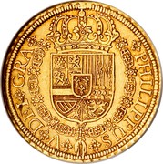 Spain 8 Escudos Felipe V Segovia 1721 Aqueduct F KM# 326 PHILIPPUS V DEI GRA coin obverse Spain 8 Escudos Felipe V Segovia 1721 Aqueduct F KM# 326 PHILIPPUS V DEI GRA coin obverse