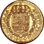 Spain 8 Escudos Felipe V Seville 1726 S J KM# 315 PHILIPPUS V DEI GRA coin obverse Spain 8 Escudos Felipe V Seville 1726 S J KM# 315 PHILIPPUS V DEI GRA coin obverse