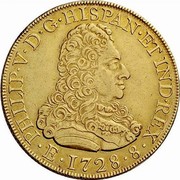 Spain 8 Escudos Felipe V Madrid 1728 JJ KM# 347 E 8 PHILIP V D G HISPAN ET IND REX 1728 coin obverse Spain 8 Escudos Felipe V Madrid 1728 JJ KM# 347 E 8 PHILIP V D G HISPAN ET IND REX 1728 coin obverse