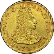 Spain 8 Escudos Philip V 1729 JJ KM# 346.1 PHILIP V D G HISPAN ET IND REX 1729 coin obverse Spain 8 Escudos Philip V 1729 JJ KM# 346.1 PHILIP V D G HISPAN ET IND REX 1729 coin obverse