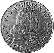 Spain 8 Escudos Felipe V 1735 S PA KM# 346.2 PHILIP V D G HISPAN ET IND REX 1735 coin obverse Spain 8 Escudos Felipe V 1735 S PA KM# 346.2 PHILIP V D G HISPAN ET IND REX 1735 coin obverse