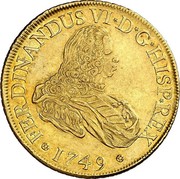 Spain 8 Escudos Fernando VI Madrid 1749 JB KM# 379 FERDINANDUS VI D G HISP REX 1749 coin obverse Spain 8 Escudos Fernando VI Madrid 1749 JB KM# 379 FERDINANDUS VI D G HISP REX 1749 coin obverse