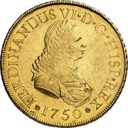 Spain 8 Escudos Fernando VI Madrid 1750 JB M. Durr and R. Michel Monnaies d'Or d'Espagne sale 11-99, XF realized $ 28,160 KM# 385 FERDINANDUS VI D G HISP REX 1750 coin obverse Spain 8 Escudos Fernando VI Madrid 1750 JB M. Durr and R. Michel Monnaies d'Or d'Espagne sale 11-99, XF realized $ 28,160 KM# 385 FERDINANDUS VI D G HISP REX 1750 coin obverse