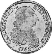 Spain 8 Escudos Sevilla 1762 JV KM# 397.2 CAROLUS III D G HISP ET IND REX 1762 coin obverse Spain 8 Escudos Sevilla 1762 JV KM# 397.2 CAROLUS III D G HISP ET IND REX 1762 coin obverse