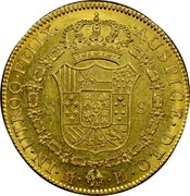 Spain 8 Escudos Carlos III 1772 PJ KM# 409.1 IN UTROQ FELIX AUSPICE DEO 8 S M PJ coin reverse Spain 8 Escudos Carlos III 1772 PJ KM# 409.1 IN UTROQ FELIX AUSPICE DEO 8 S M PJ coin reverse