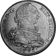 Spain 8 Escudos Sevilla 1773 S CF KM# 409.2 CAROL III D G HISP ET IND REX 1773 coin obverse Spain 8 Escudos Sevilla 1773 S CF KM# 409.2 CAROL III D G HISP ET IND REX 1773 coin obverse