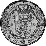 Spain 8 Escudos Sevilla 1773 S CF KM# 409.2 IN UTROQ FELIX AUSPICE DEO S SF 8 S coin reverse Spain 8 Escudos Sevilla 1773 S CF KM# 409.2 IN UTROQ FELIX AUSPICE DEO S SF 8 S coin reverse