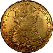 Spain 8 Escudos Carlos III 1786 DV KM# 409.1a CAROL III D G HISP ET IND R 1786 coin obverse Spain 8 Escudos Carlos III 1786 DV KM# 409.1a CAROL III D G HISP ET IND R 1786 coin obverse